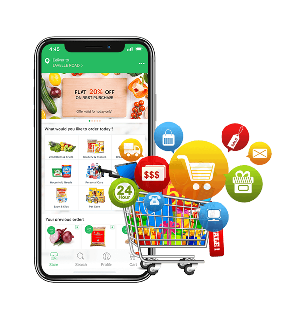 Feature interface of a grocery app showing a search , product categories, and a shopping cart